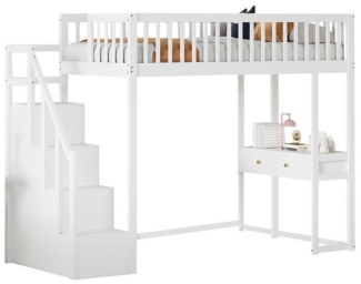 Flieks Hochbett Massivholz Kinderbett 90x200cm mit Tisch und Stauraumtreppe