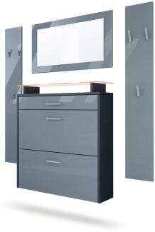 Vladon Garderobe Malea, Garderobenset bestehend aus 1 Hängeschuhschrank, 1 Wandspiegel und 2 Garderobenpaneele, Anthrazit matt/Grau Hochglanz, inkl. LED-Beleuchtung RGB