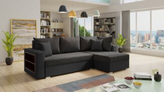 Ecksofa Lord mit Regal und Schlaffunktion - Sofa mit Bettkasten, Schlafsofa, Polsterecke, Couch L-Form, Couchgarnitur, Sofagarnitur (Schwarz + Schwarz (Dolaro 08 + Berlin 02), Ecksofa Rechts)