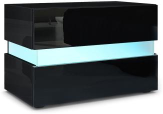 Vladon Nachttisch Flow, Nachttischschrank mit Schublade, Schwarz Hochglanz/Schwarz Hochglanz, inkl. LED-Beleuchtung (60 x 45 x 39 cm)