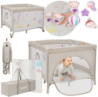 Lionelo 2-in-1 Laufstall und Reisebett mit Matratze für Babys Mille Plus bis 15 kg, 0–36 Monate, Seiteneinstieg, 3D-Matratze, 2 Rollen mit Bremse, Faltbar, Tragetasche, Graubeige