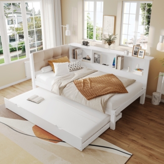 Merax Daybett, Tagesbett, Schlafsofa, 90x200cm, Einzelbett(Ohne Matratze), mit ausziehbarem Bett, mit dimmbarer LED-Leiste, mit praktischem Regal, mit USB-Anschluss, 90x200cm, Kiefernholz, Weiß
