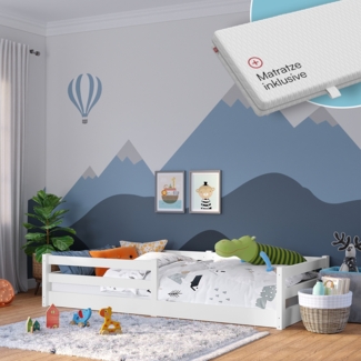 Bellabino 'Iskri' Bodenbett 90x200 cm mit Matratze, weiß, Massivholz Kiefer, Montessori Kinderbett mit Rausfallschutz und Lattenrost
