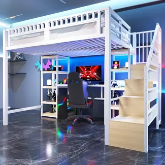 Hochbett mit RGB LED-Streifen, Schreibtisch, Lattenrost, Treppe und Regal, Kinderbett mit Rausfallschutz, Metallbett, 140x200cm