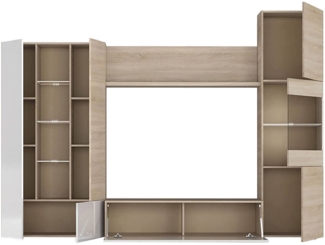 Dmora Angioletto-Wandsystem, modulares TV-Ständer-Wohnzimmerelement, Wohnzimmerkomposition mit Wandelementen und Vitrinen und LED-Licht, 260 x 42 x 185 cm, Eiche und Weiß