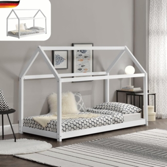 DELUKE® Kinderbett 90x200 FIDA - mit Lattenrost Kiefernholz Haus-Optik Einzelbett aus Holz Hausbett Kinderzimmer Bodenbett Montessori Bett Weiß