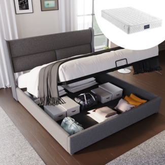 Polsterbett 160x200 cm aus Leinen mit Stauraum und verstellbarer Kopfstütze