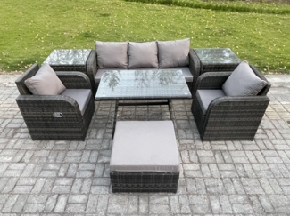 Fimous 6-Sitzer Hoher Rücken Rattan Gartenmöbel Sets mit Rechteckiger Esstisch Liegestühle 3-Sitzer Sofa 2 Großer Hockern 2 Beistelltischen