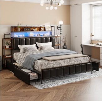 Ulife Polsterbett Doppelbett Jugendbett Eisenbett Stauraumbett mit LED-Beleuchtung (Ohne Matratze), Kopfteil mit Stauraum, Einlegeböden, robustes Eisenbettgestell