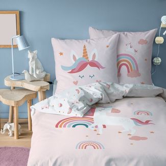 MTOnlinehandel Bettwäsche Einhorn 135x200 + 80x80 cm (Unicorn), 100% Baumwolle, 2 teilig, Mädchen-Bettwäsche Magic Tale, Regenbogen, Sterne und Wolken