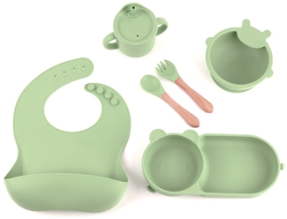 Olivgrünes 6-teiliges Silikon-Geschirrset für Kinder, bestehend aus Babynahrungsschüssel, Teller, Strohhalm und Becher.