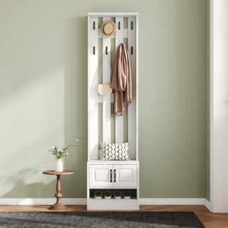 Merax Schuhbank, Schuhschrank,Flurmöbel, mit 2 Türen, mit Rückwand mit 8 Haken, weiß