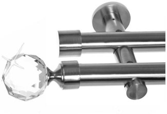 BASIT Gardinenstange Edelstahloptik 20mm mit Wandträgern 120 cm E87, Ø 20 mm, 2-läufig, verschraubt, Metall, H41 120 cm E87 Kristall Kugel