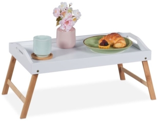 Relaxdays Betttablett klappbar, Bambus / MDF weiß / natur, 55,5 x 30 x 24 cm