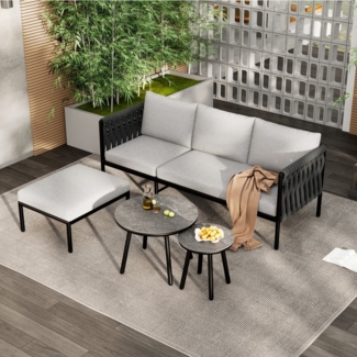 HAUSS SPOLE Gartenlounge-Set Gartenmöbel-Set, Eckgarnitur mit Sofa, 2 Couchtische, Fußhocker, Grau, (Garten-Lounge-Set, Gartenmöbel-Set, Outdoor-Sofa-Set, Balkonset, 4-tlg, 3-Sitzer-Sofa + 2 Couchtische + Fußhocker), Dickes Seilgeflecht, marmorierte Gl...