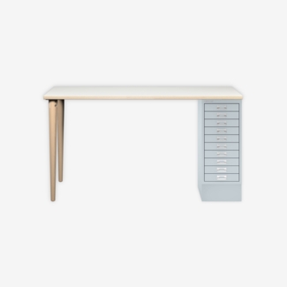 MultiDesk, 2 Eichenfüße, 1 MultiDrawer mit 10 Schüben, Dekor Plywood, Farbe Lichtgrau, Maße: H 740 x B 1400 x T 600 mm