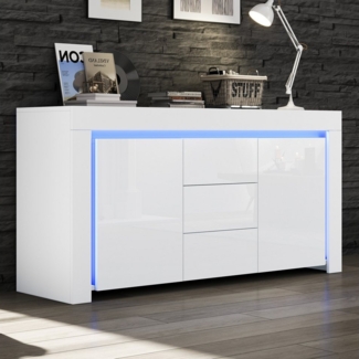 Merax Sideboard Hochglanz Anrichte mit LED-Beleuchtung (für Flur, Wohnzimmer, Büro, 1 St, 140×40×65cm), Kommode mit 2 Türen, 3 Schubladen & verstellbaren Einlegeböden