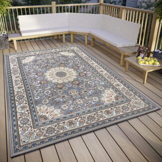 Hanse Home Kadi In- & Outdoor Teppich Orientalisch – Orient Flachgewebe, Orientalisches Design Klassisch, ÖKO-TEX Wetterfest & UV-beständig für Balkon, Terrasse, Garten – Grau Creme, 80x165 cm