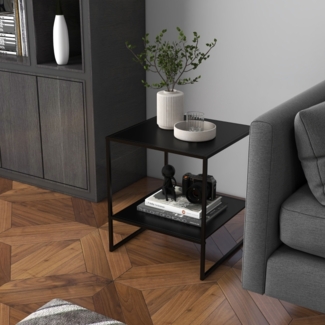 Beistelltisch Mit Offenem Regal & Stahlrahmen - Nachttisch Sofatisch Schwarz Vielseitig