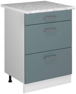 Küchenunterschrank R-Line Blau-Grau 60 cm mit Schubladen, AP Marmor Vicco