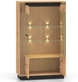 Lomadox Vitrine URBANIA-131 Standvitrine inkl. Beleuchtung 92 cm breit modern Eiche mit schwarz