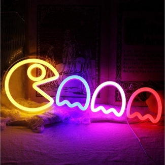 Jibenhome LED Dekolicht Pacman Acryl Neon Sign, USB Schalter Gaming LED Neon Schild Wandleuchte, mit 58 cm langer Metallkette, Wandleuchte für Zimmer Gaming Room Spielzimmer Schlafzimmer