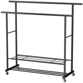 loefme Kleiderständer 2 Regale + 2 Stangen, (115×40×145cm, bis 53 kg belastbar), Garderobenständer auf Rollen, aus Metall
