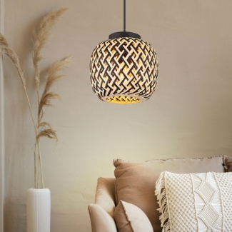 Pendelleuchte, Metall, Schwarz-matt, Bambus, D 20 cm