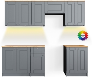 Vicco Küchenzeile Grau 240 cm , AP Goldkraft mit LED-Leisten, Bergamo