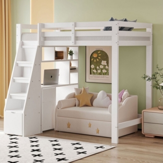 Flieks Hochbett Kinderbett Einzelbett 90x200cm mit Stauraum-Treppe und Schreibtisch