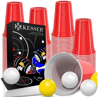 KESSER Beer Pong Becher Set mit Kartenset 54 Karten, 100 Stück, Kunststoff rot, 473 ml