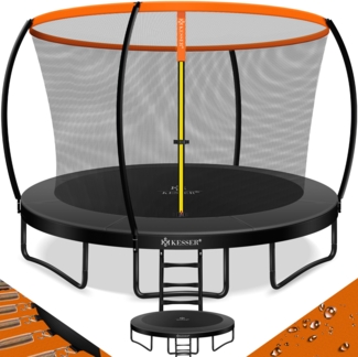 KESSER® Trampolin Gartentrampolin | TÜV Rheinland GS Zertifiziert | Kindertrampolin bis 150 kg | Komplettset mit Sicherheitsnetz, Leiter, Randabdeckung, Seitentasche & Zubehör 366 cm, Orange / Anthrazit