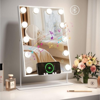 Dripex Schminkspiegel Kosmetikspiegel mit 12 LED 3 Lichtfarben Dimmfunktion Kabelloses Laden