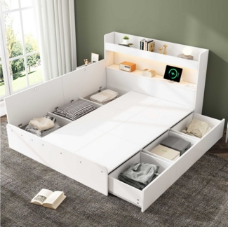 BlingBin Stauraumbett Doppelbett, Massivholzbett mit Stauraum, ohne Matratze (1-tlg, mit USB-Anschluss und Steckdose, mit LED-Beleuchtung), mit Schubladenaufbewahrung 140*200cm