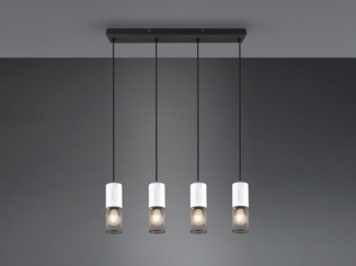 LED Pendelleuchte 4-flammig mit Holz Weiß und Drahtgeflecht, Breite 65cm