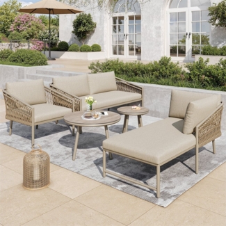 OKWISH Sofa Modernes Outdoor Sofa,Gartenmöbelset, Modernes Gartenmöbel Set aus Handgewebtem Seil für Terrasse, Balkon und Garten, Inklusive Kissen und 2 Tischen, Ergonomische Rückenlehne, Leichter Eisenrahmen, Stabil und Witterungsbeständig, Komfortabl...