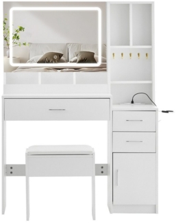 Ofcasa Schminktisch 100x40x137cm Frisiertisch 3 Schubladen (2 Pakete), mit Ladestation, Haartrocknerhalter,Inkl. LED-Leuchte