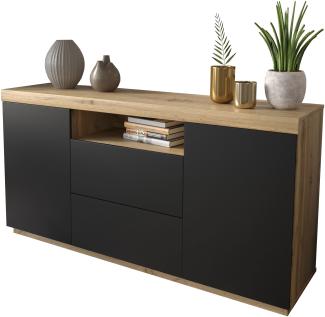 Domando Sideboard Ravello M1 Modern für Wohnzimmer Breite 164cm, Push-to-open-System in Wotan Eiche und Schwarz Matt