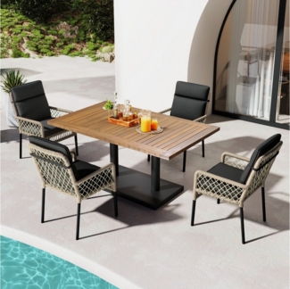 Flieks Gartenlounge-Set, 4-Sitzer Gartenmöbel Essgruppe Polyrattan mit Akazienholz Tischplatte