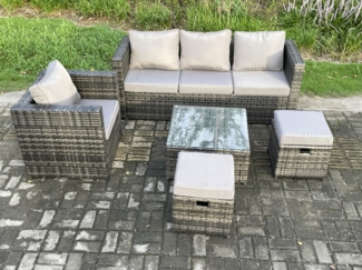 Fimous 5 PCS Lounge Sofa Set Wicker PE Rattan Gartenmöbel Set mit Sessel Square Couchtisch 2 Kleine Fußhocker Dunkelgrau Gemischt