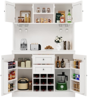 MODFU Hochschrank Multifunktionales,Sideboard (Hochschrank Küchenbuffet mit 4 Türen, 2 Schubladen, verstellbaren Ablagen & Weinregal – Multifunktionaler Küchenschrank im modernen Design für Küche und Wohnzimmer, Kippschutz, 120x40x188 cm, 120*40*188CM)...