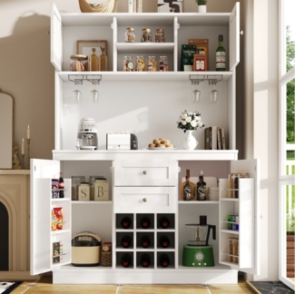 Flieks Küchenbuffet mit verstellbaren Ablagen & Weinregal & Türablagen (1-St, B120/T40/H188 cm) Hochschrank Küchenschrank Geschirrschrank mit Gläserhalter Weiß