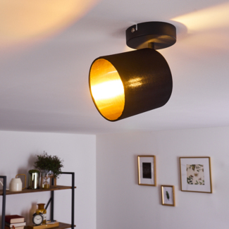 hofstein Deckenleuchte »Costa« Wandlampe aus Metall/Stoff in Schwarz/Gold, ohne Leuchtmittel, 3000 Kelvin, 1xE14, verstellbarer Wandspot mit Stoff-Schirm im Retro/Vintage-Desgin