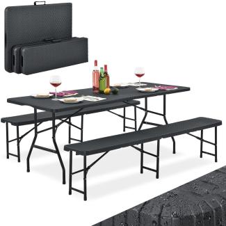 Juskys 'Amberg' Bierzeltgarnitur, 3-tlg, klappbar, 1x Tisch, 2x Bank, Rattan-Optik, Schwarz, 180 x 74 x 74 cm