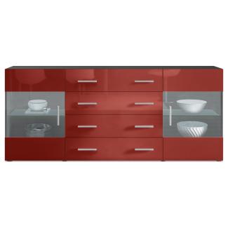 Sideboard Kommode Bari V2, Korpus in Schwarz matt / Front in Bordeaux Hochglanz (166 x 72 x 35)