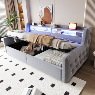 Polsterbett Schlafsofa, hydraulischer Stauraum, weiche Rückenlehne und Armlehnen, LED-Beleuchtung, Ablagefach, Steckdose, Lattenrost, Stoff, Hellgrau, 90×200 cm