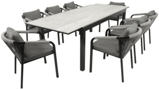 DEGAMO Garten-Essgruppe FARO, (9-tlg, 8x Stapelsessel, 1x Ausziehtisch), Alu anthrazit, Stapelsessel Rope, Ausziehtisch Keramikoptik hell