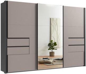 SCHWEBETÜRENSCHRANK B312/H216/T65 cm, Korpus+Passepartout Grafit, Türen+Schubladen Sand Grau / Spiegel, inkl. Vollausstattung