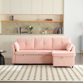 Multifunktionales L-förmiges Schlafsofa mit verstecktem Stauraum, 3 große Kissen, 2 kleine Kissen, seitliche Ablagefächer,Rosa