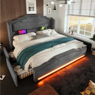 BlingBin Polsterbett Doppelbett Stauraumbett Jugendbett (1-tlg, Vintage-Bettgestell mit LED-Stimmungsbeleuchtung, USB-Ladeanschlüssen), Stilvolle Kombination aus Samt, Metall und Massivholz